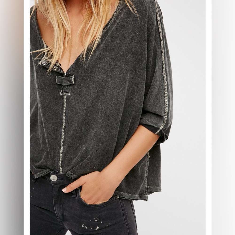 We the Free First Base Henley Drop Shoulder Top Acid Wash Indie Boho Shirt Small - Picture 2 of 8